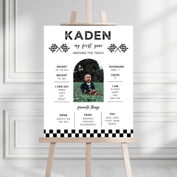 Race car Birthday Milestone Board | Race Car Themed Party Sign | Instant Download | Racing Birthday Decor | Editable 1st Year Stats Sign