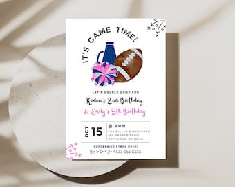 May include: It's Game Time! Invitation for Kaden's 2nd Birthday and Emily's 5th Birthday. The invitation features a football, a cheerleader's pom-pom, and a megaphone. The event will be held on 15th October at 2 PM at The Miller's Backyard, 123 Harbor Drive, San Diego, CA 12348. A concession stand will be open.
