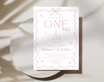 May include: A white rectangular invitation card with a pink scalloped border and a pink bow at the top. The text reads: isn't she lovely, isn't she ONE derful, please join us to celebrate, Mackenzie's 1st Birthday, Saturday, March 19th, 2-4pm, At Mackenzie's House, 123 Harbor Drive, San Diego, CA, Please RSVP to Jen at 544.455.6767. A pink line drawing of a birthday cake with a candle and small hearts are included.