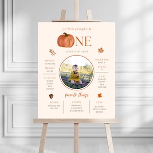 Pumpkin First Birthday Milestone Board | Digital Download | Autumn Themed Birthday | Our Little Pumpkin Party Sign | Editable Canva Template