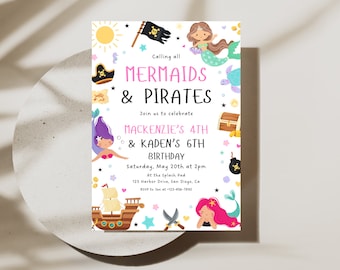 Op de afbeelding: Een kleurrijke uitnodiging voor een verjaardagsfeest met een zeemeermin- en piraten thema. De uitnodiging bevat illustraties van zeemeerminnen, piraten en schatkisten. De tekst luidt: "Calling all Mermaids & Pirates. Join us to celebrate Mackenzie's 4th & Kaden's 6th Birthday. Saturday, May 20th at 2pm at the Splash Pad. 123 Harbor Drive, San Diego, Ca. RSVP to Jen at 123-456-7890."