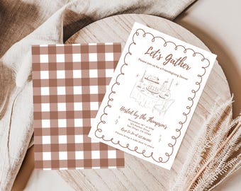 May include: A Thanksgiving dinner invitation with the text "Let's Gather" and a decorative border. The invitation includes details about the event, such as the date, time, and location. A brown and white checkered pattern is also visible.