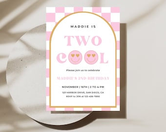 Pink TWO Cool 2nd Birthday Invitation | Digital Download | Retro Checkered Smiley Face Party | Editable Canva Template | Girl Birthday