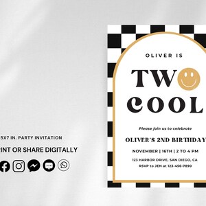 May include: A black and white checkered background with a gold archway. Inside the archway is a white card with the text "Oliver is Two Cool" in black and gold lettering. A yellow smiley face is next to the word "Two". The card also includes details for Oliver's 2nd birthday party.