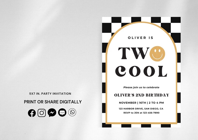 May include: A black and white checkered background with a gold archway. Inside the archway is a white card with the text "Oliver is Two Cool" in black and gold lettering. A yellow smiley face is next to the word "Two". The card also includes details for Oliver's 2nd birthday party.