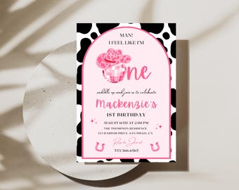 Mann I Feel Like I'm One Geburtstagseinladung | Sofortdownload | Pink Disco Space Cowgirl 1.Geburtstags-Party | Bearbeitbare Canva Vorlage