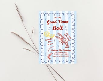 Crawfish Let the Good Times Boil Party Invitation | Editable Canva Template | Hand Drawn Louisiana Seafood Fish Boil Birthday Party Invite
