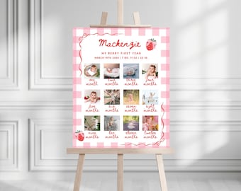Berry First Birthday Milestone Sign | Girl Pink Plaid 1st Birthday | Instant Download | Strawberry Themed Party | Editable Canva Template