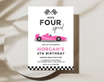 Invitación para fiesta de cumpleaños de Need Four Speed / Fiesta de cumpleaños número 4 con temática de auto de carreras rosa / Descarga instantánea / Plantilla editable de Canva