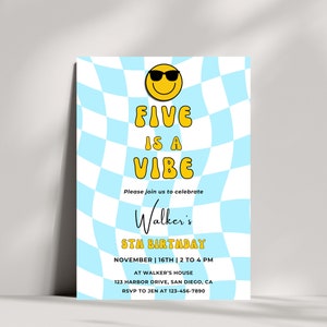 Five is a Vibe Birthday Invitation | Digital Download | Boy 5th Birthday | Retro Checkered Smiley Face Invitation | Editable Canva Template