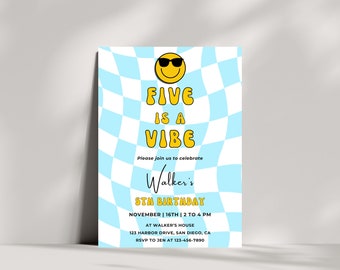 Five is a Vibe Birthday Invitation | Digital Download | Boy 5th Birthday | Retro Checkered Smiley Face Invitation | Editable Canva Template