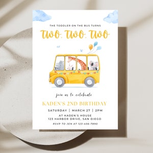 Yellow School Bus Birthday Invitation | Instant Download | Wheels on the Bus | Editable Canva Template | Boy 2nd Birthday | Toddler on Bus