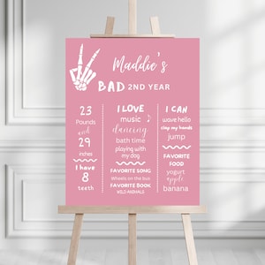 Bad TWO The Bone 2nd Birthday Party Milestone Board | Instant Download | Skeleton Peace Hand Party Sign | Editable Template | Girl Birthday