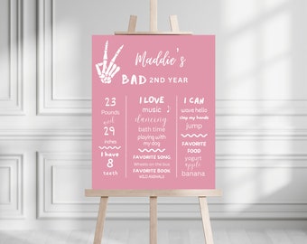 Tablero de hitos para fiesta de cumpleaños número 2 de Bad TWO The Bone / Descarga instantánea / Letrero de fiesta con la mano de la paz de esqueleto / Plantilla editable / Cumpleaños de niña