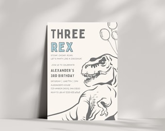 Three Rex Dinosaur Birthday Invitation | Instant Download | Modern Tyrannosaurus Party Invite | Editable Canva Template | Boy Birthday