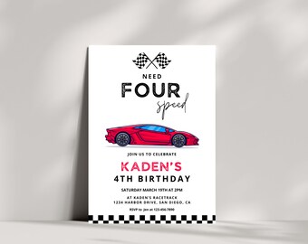 Need FOUR Speed Birthday Party Invitation | Red Race Car Theme Party | Instant Download | Editable Canva Template | Racing 4th Birthday