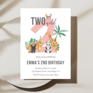 Invitation de fête d'anniversaire sauvage rose deux | Téléchargement instantané | Fille 2e anniversaire | Invitation à une fête dans la jungle à thème Safari | Modèle de toile modifiable