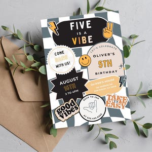 Five is a Vibe Birthday Invitation | Digital Download | Boy 5th Birthday | Retro Checkered Smiley Face Invitation | Editable Canva Template