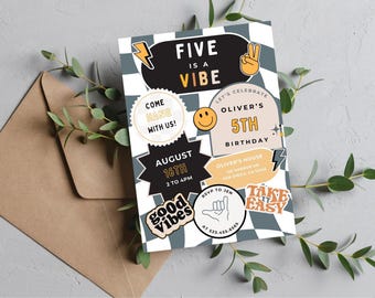 Five is a Vibe Birthday Invitation | Digital Download | Boy 5th Birthday | Retro Checkered Smiley Face Invitation | Editable Canva Template
