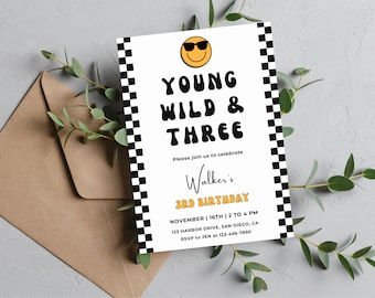May include: A black and white checkered border surrounds a white invitation with a yellow smiley face wearing sunglasses. The text reads "Young Wild & Three" with a yellow and black checkered border. The invitation is for Walker's 3rd birthday party on November 16th from 2 to 4 PM at 123 Harbor Drive, San Diego, CA. RSVP to Jen at 123-456-7890.