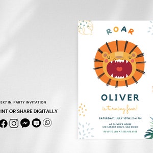 May include: A 5x7 inch party invitation featuring a cartoon lion with the text "ROAR" above it and "Oliver is turning four!" below it. The invitation includes details for the party, including the date, time, location, and RSVP information.