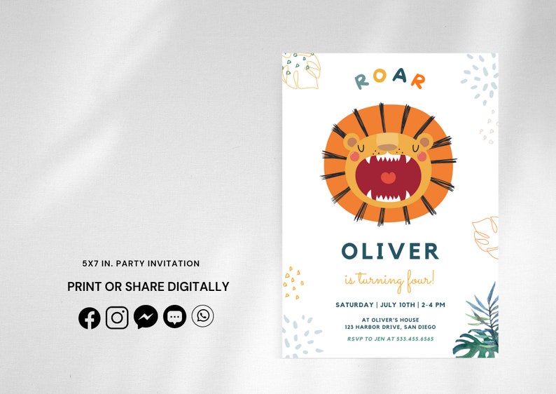 May include: A 5x7 inch party invitation featuring a cartoon lion with the text "ROAR" above it and "Oliver is turning four!" below it. The invitation includes details for the party, including the date, time, location, and RSVP information.