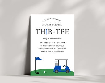 Golf THIR-TEE Geburtstags-Party Einladung | Sofortdownload | Überraschungs-Einladung zum 30. Geburtstag | Canva Vorlage | Blauer Golf-Geburtstag