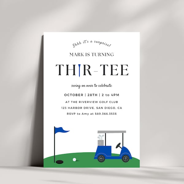 Golf THIR-TEE Birthday Party Invitation | Instant Download | Surprise 30th Birthday Invitation | Canva Template | Blue Golf Themed Birthday