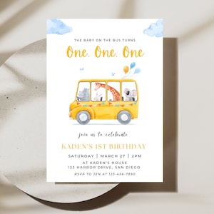 d'anniversaire jaune d'autobus scolaire | Téléchargement instantané | roues dans le bus | Modèle de toile modifiable | 1er anniversaire de garçon | Bébé dans le bus