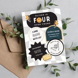 Retro Four Ever Young Birthday Invitation | Digital Download | Boy 4th Birthday | Printable Smiley Face Invitation | Editable Canva Template