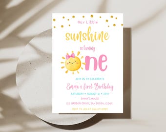 Editable Sunshine First Birthday Invitation | Pink Gold Little Sunshine Invitation | Digital Download | Girl Sunshine Party | Canva Template
