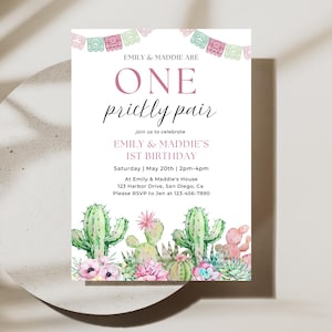 Invito per la festa del primo compleanno di una coppia di spinosi / Download immediato / Invito per la festa di compleanno congiunta a tema cactus acquerello / Modello Canva modificabile