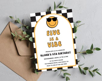 Five is a Vibe Birthday Invitation | Digital Download | Boy 5th Birthday | Retro Checkered Smiley Face Invitation | Editable Canva Template