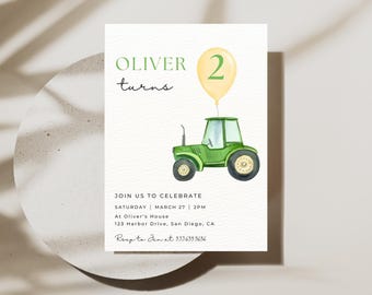 Green Tractor Birthday Party Invitation | Instant Download | Editable Canva Template | Boy 1st Birthday Invite | Farm Themed Birthday Party