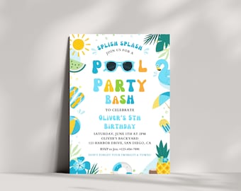 Invitación editable para fiesta de cumpleaños en la piscina / Fiesta tropical en la piscina / Cumpleaños de verano para niño / Plantilla Canva