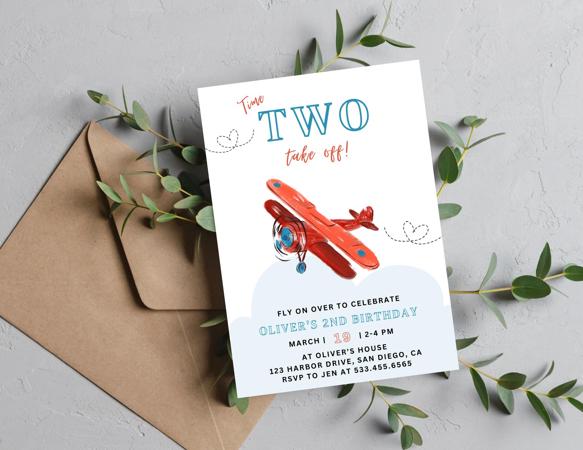Take Flight Invite Editable Airplane Birthday Invitation | Modern Plane Invitation | Canva ...