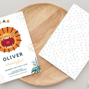 May include: A colorful invitation with a roaring lion illustration, the text "ROAR Oliver is turning four!" and details for a birthday party. The background features a jungle-themed pattern with leaves and spots.