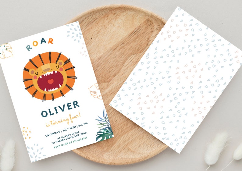 May include: A colorful invitation with a roaring lion illustration, the text "ROAR Oliver is turning four!" and details for a birthday party. The background features a jungle-themed pattern with leaves and spots.
