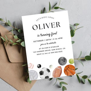 Sports Themed Birthday Invitation, Let&#39;s Have a Ball, Instant Download, Editable Canva Template, Football, Soccer, Baseball Boy Birthday