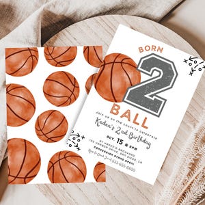 May include: Two rectangular birthday invitation cards featuring a basketball theme. One card displays a pattern of orange basketballs on a white background. The other card features a large number 2, the text BORN BALL, and event details.