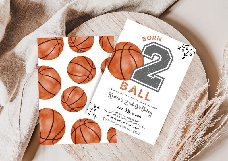 May include: Two rectangular birthday invitation cards featuring a basketball theme. One card displays a pattern of orange basketballs on a white background. The other card features a large number 2, the text BORN BALL, and event details.