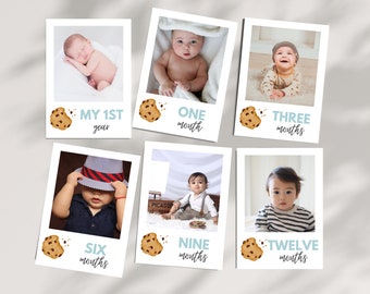 May include: A set of 6 photo cards with a baby's monthly milestones. Each card features a photo of the baby, a chocolate chip cookie graphic, and the baby's age in months. The cards are printed on white cardstock with blue and brown text. The text on the cards reads: "My 1st year", "One month", "Three months", "Six months", "Nine months", and "Twelve months".