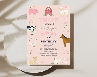 Three I-E-I-O Farm Birthday Party Invitation | Digital Download | 3rd Birthday Farm Animal Theme | Editable Template | Pink Barnyard Party