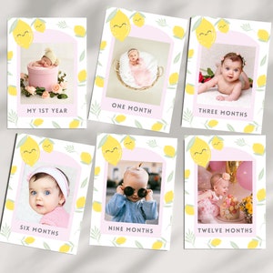 May include: Six photo cards with a lemon theme. Each card has a photo of a baby at different ages, from one month to one year. The cards are decorated with yellow lemons and green leaves.