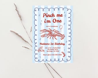 Pinch Me I'm ONE Birthday Invitation | Lobster Seafood Boil Themed Party Invitation | Editable Canva Template | Crawfish Boil 1st Birthday