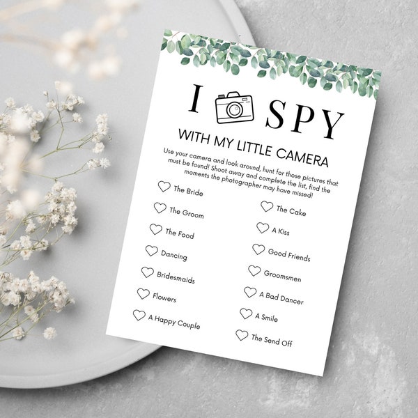 Greenery I Spy With My Little Camera Editable Template | Wedding Reception Game | Instant Download | Kids Table Game | Wedding Favor Game