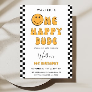 Retro ONE Happy Dude Birthday Invitation | Digital Download | Boy 1st Birthday | Smile Face Checkered Party Invite | Editable Canva Template