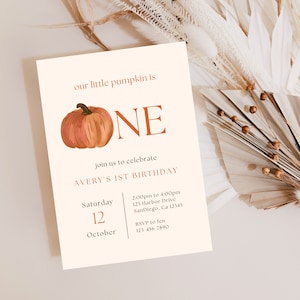 Pumpkin First Birthday Invitation | Digital Download | Autumn Themed Birthday | Our Little Pumpkin Party Invite | Editable Canva Template
