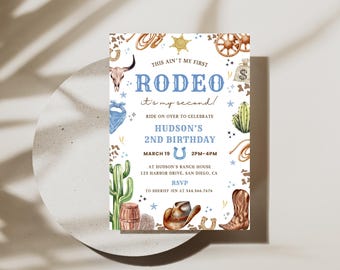 Invitación de segundo cumpleaños de rodeo de vaqueros / Esta no es mi primera invitación de rodeo / Plantilla editable de Canva / Fiesta de cumpleaños con temática vaquera del oeste