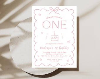 Girls Just Wanna Be ONE Birthday Party Invitation | Digital Download | Cute Pink Bow Girl 1st Birthday Invitation | Editable Canva Template